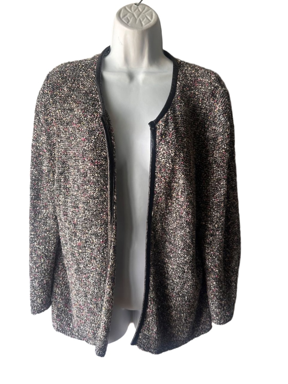 Classiques Entire Textured Tweed Cardigan Open Front Faux Leather Trim XL